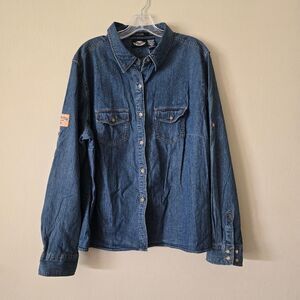 Harley Davidson Long Sleeve Blue Denim Button Down Shirt  Adj Sleeve Women SZ 2W
